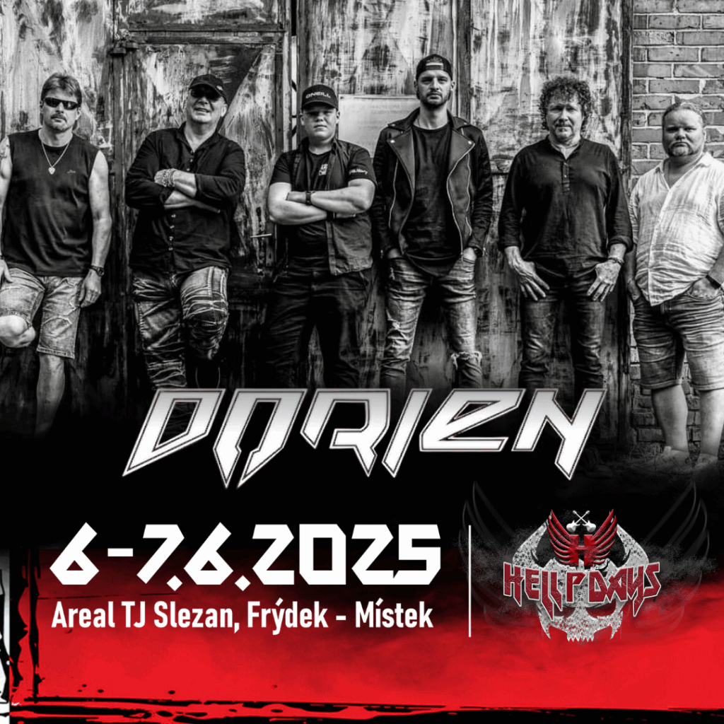 Černobílá promo fotografie hard rockové kapely DORIEN s šesti členy, pózujícími před industriální stěnou. V dolní části obrázku je logo kapely DORIEN, datum konání festivalu Hellpdays 2025 – 6.–7. června, a místo: Areál TJ Slezan, Frýdek-Místek. Vpravo dole logo festivalu Hellpdays